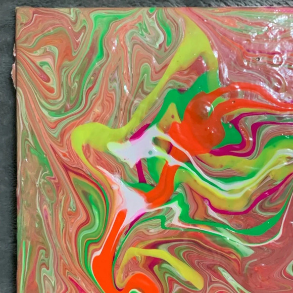 Original Paint Pour with neon pink, coral, green, yellow, & white on 8x8 canvas - Picture 7 of 7